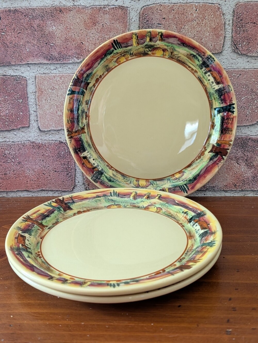 RARE Buffalo China Colorido Ware "Turkey" Pattern Set Of 3 Dessert Plates